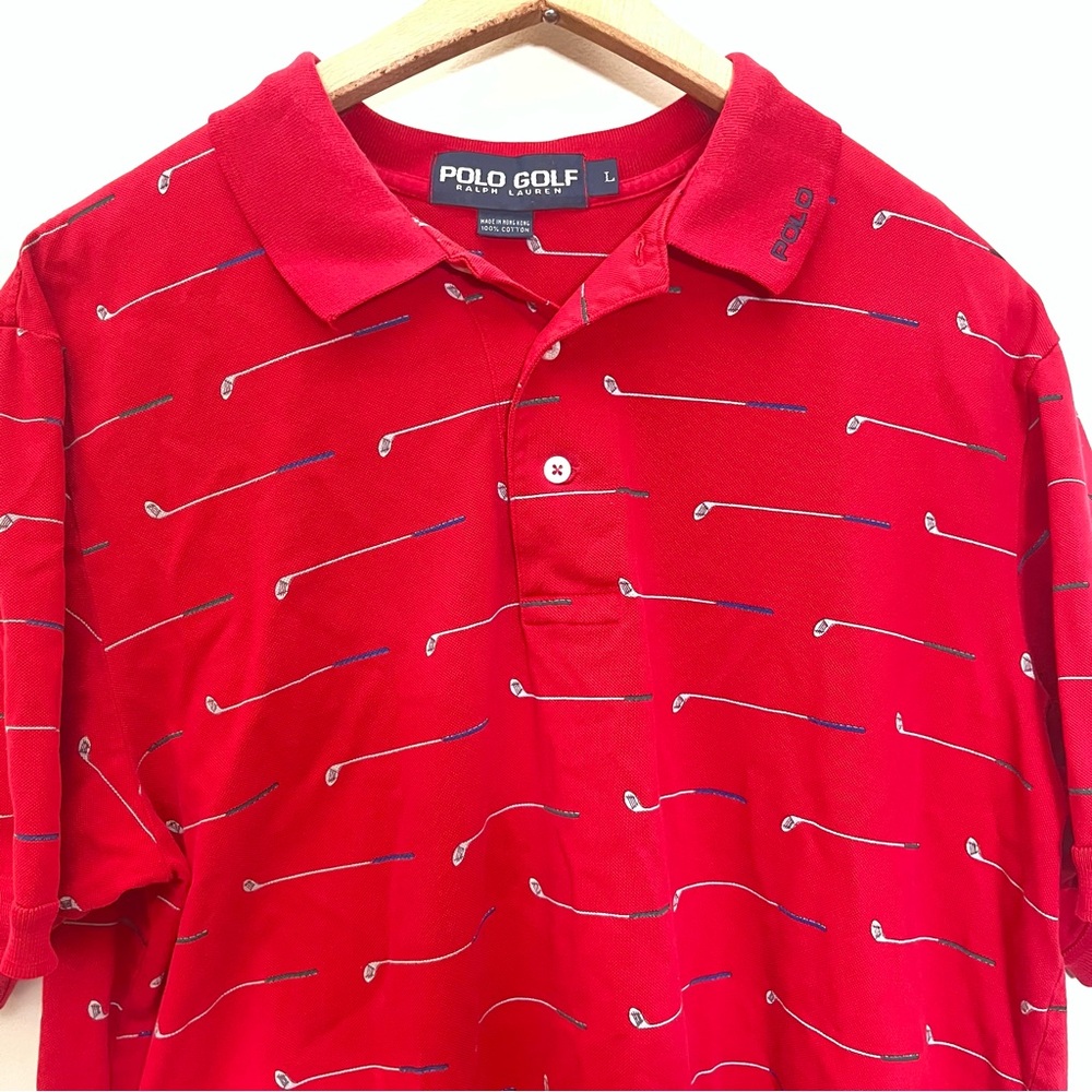 Vintage Polo Golf Ralph Lauren Red All Over Golf Club Print Shirt Mens Sz L